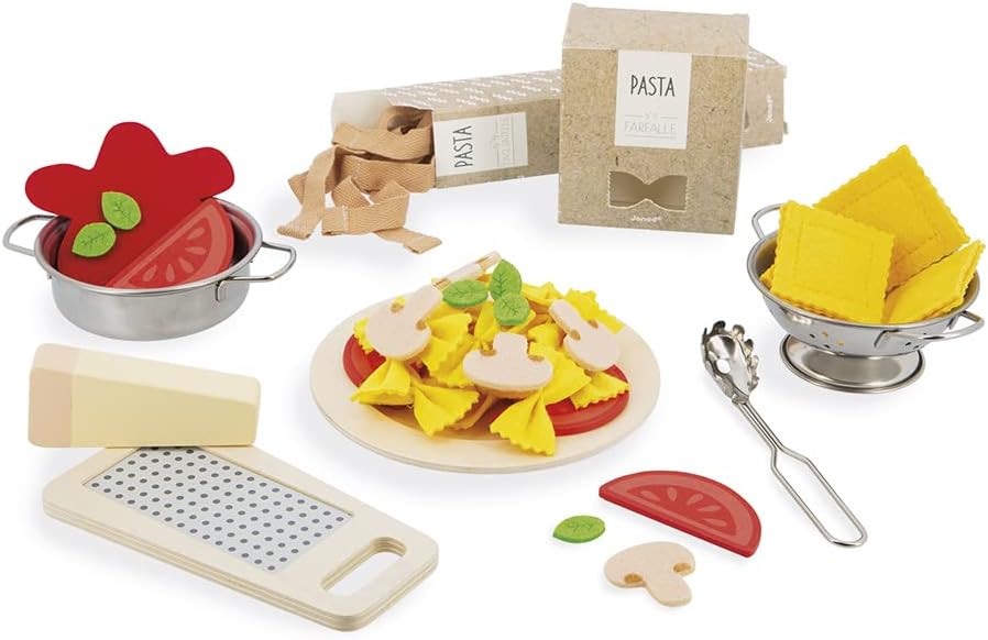 Janod - Mezcla de pasta - Juego de pasta - Juego de cocina y té - 58 piezas de madera, cartón y fieltro incluidas - Pinturas a base de agua - 3 años + J06598