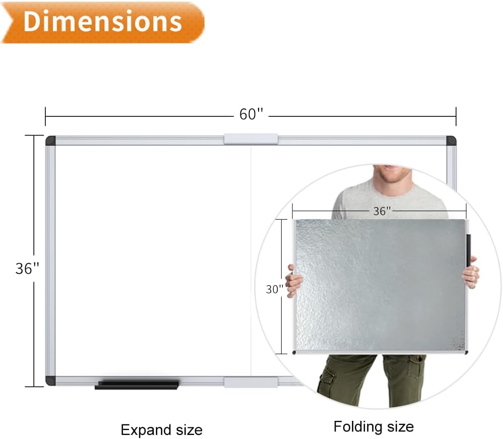VIZ-PRO Pizarra Magnética de Borrado en Seco, 60 X 36 Pulgadas, Pizarra Blanca Plegable para Montar en la Pared con Marco de Aluminio Plateado y Bandeja de Marcadores para Escuela, Oficina y Hogar 5