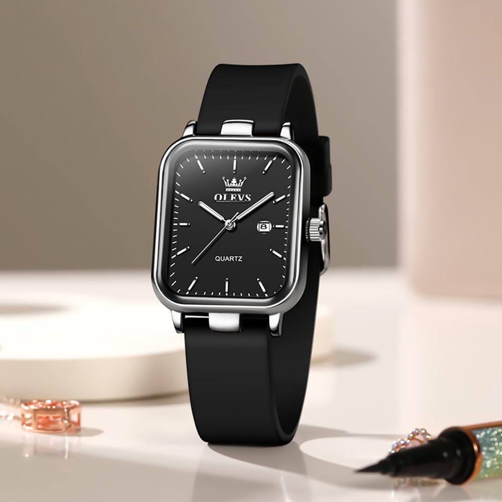 OLEVS Reloj para Mujer Casual Fashion Cuadrante Cuadrado Correa de Silicona Negra Elegante Delicado Cuarzo a Prueba de Agua Lectura Fácil