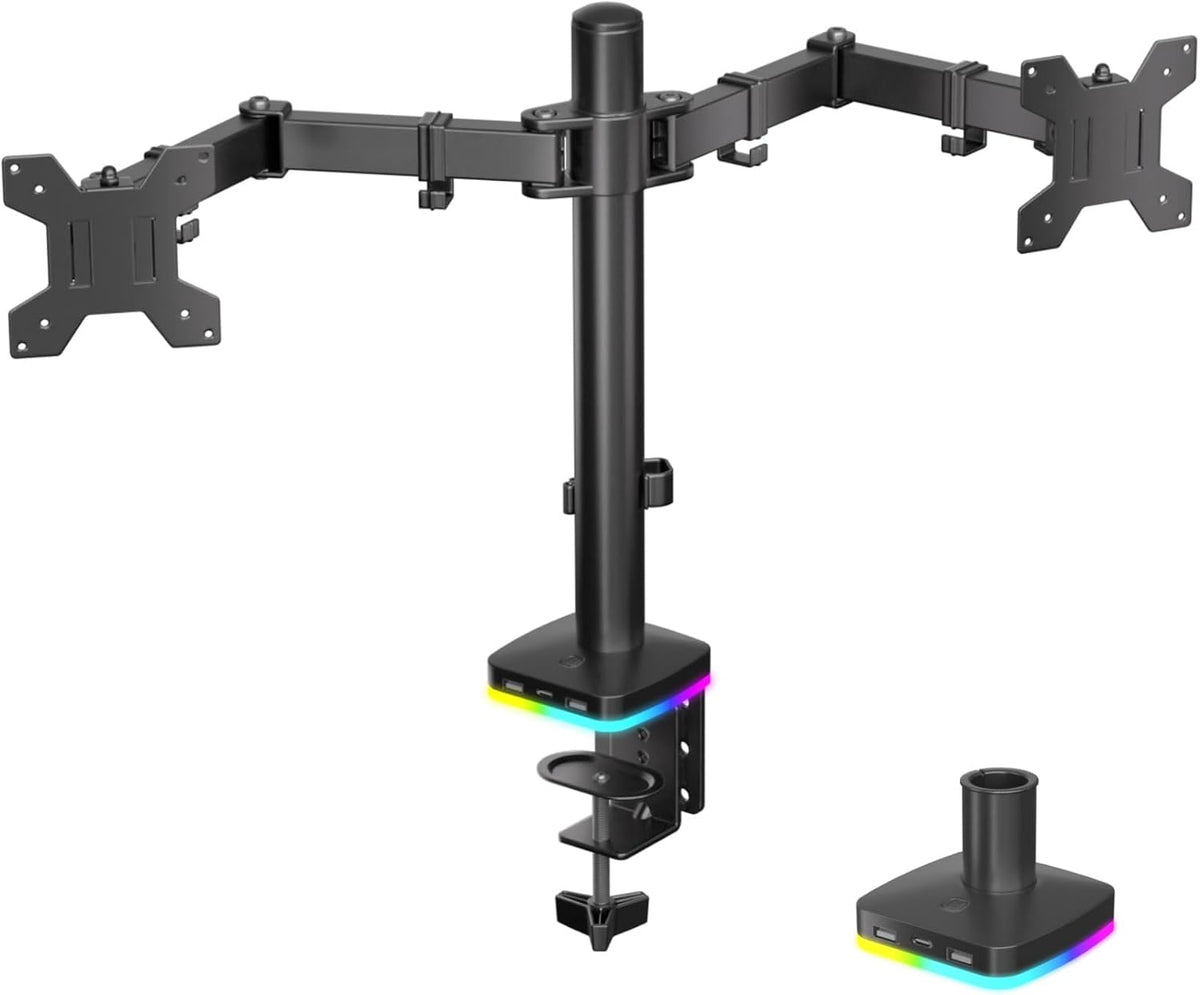 Afaloona Brazo de monitor dual RGB con concentrador USB, soporte de
