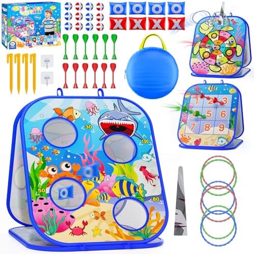 RIEYON - Juego de lanzamiento de sacos 5 en 1 para niños, tablero de Cornhole para niños, actividades de fiesta y patio trasero al aire libre, regalo de cumpleaños o Navidad para niños de 3, 4, 5, 6, 
