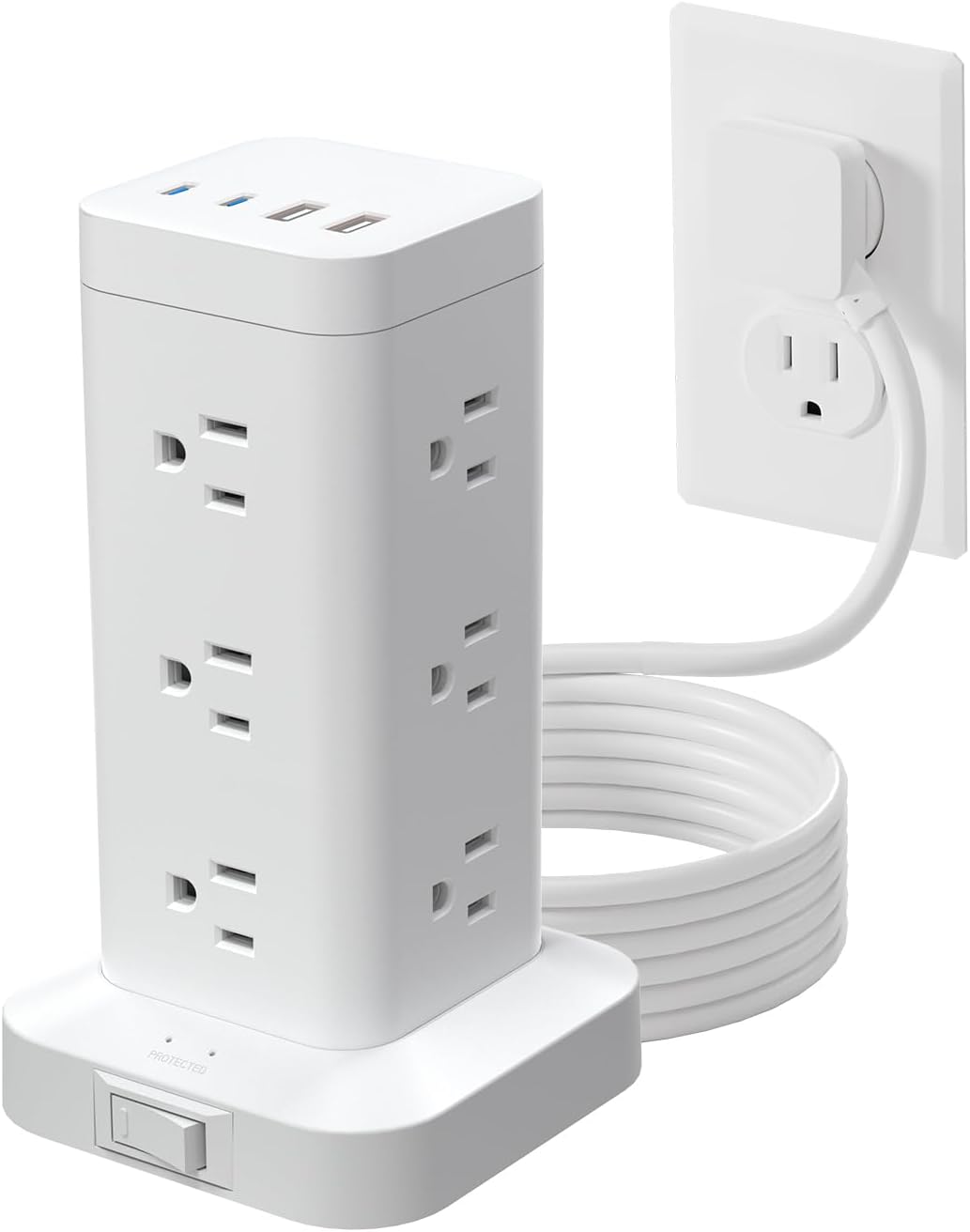 Regleta de alimentación en torre con puerto de carga rápida PD de 30 W, 12 tomas, 4 puertos USB (2 USB-C), protector de sobretensiones de 1800J, estación de carga para múltiples dispositivos, cable de