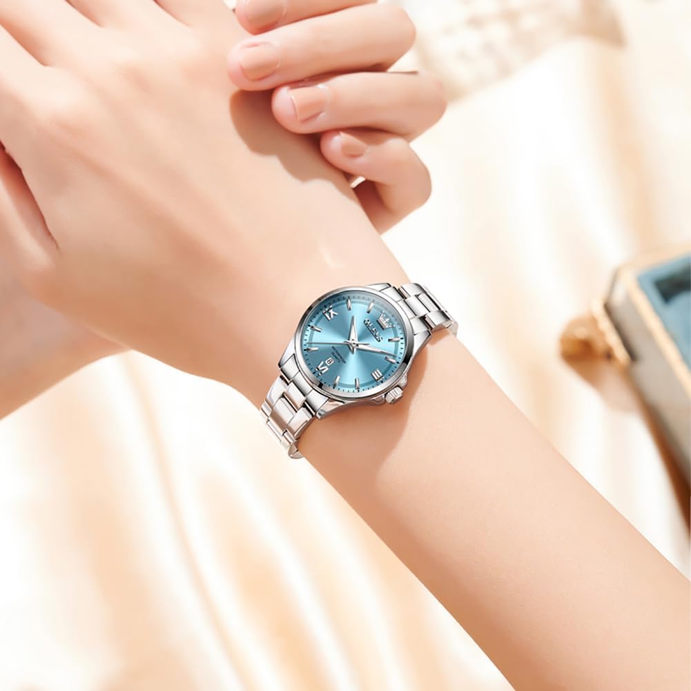 OLEVS Reloj para Mujer Plateado de Acero Inoxidable Elegante Analógico Lúmenes Visibles