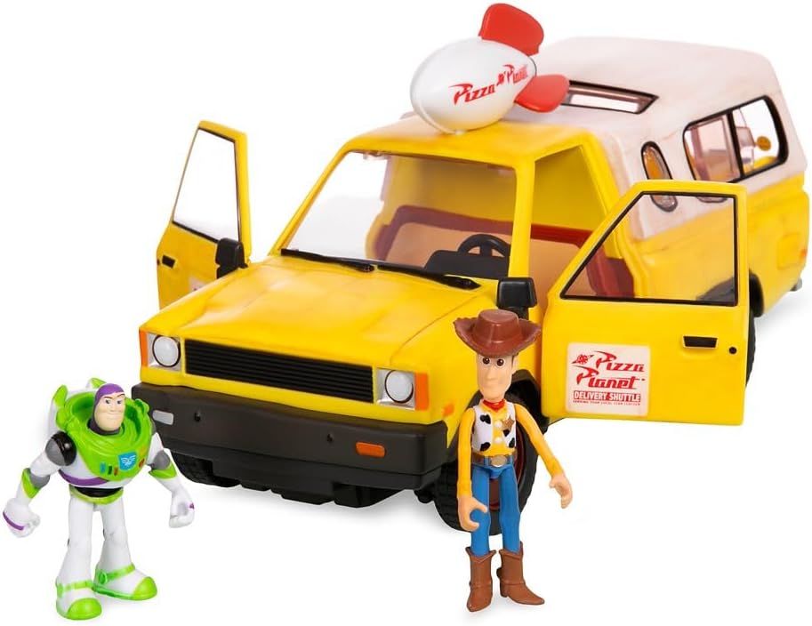 Disney Store Camión Oficial del Planeta Pizza con Luces y Sonidos - Set de Figuras de Acción de Toy Story Incluye a Woody y Buzz Lightyear, Partes Moviles, Luces y Sonidos del Vehículo