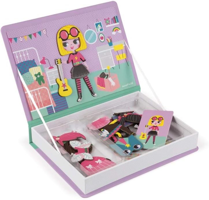Janod - MagnetiBook Juego de disfraces magnéticos para niña de 55 piezas - Juego creativo - Mejora la creatividad y las habilidades cognitivas - Diseño portátil, aprendizaje STEM, aumenta la confianza