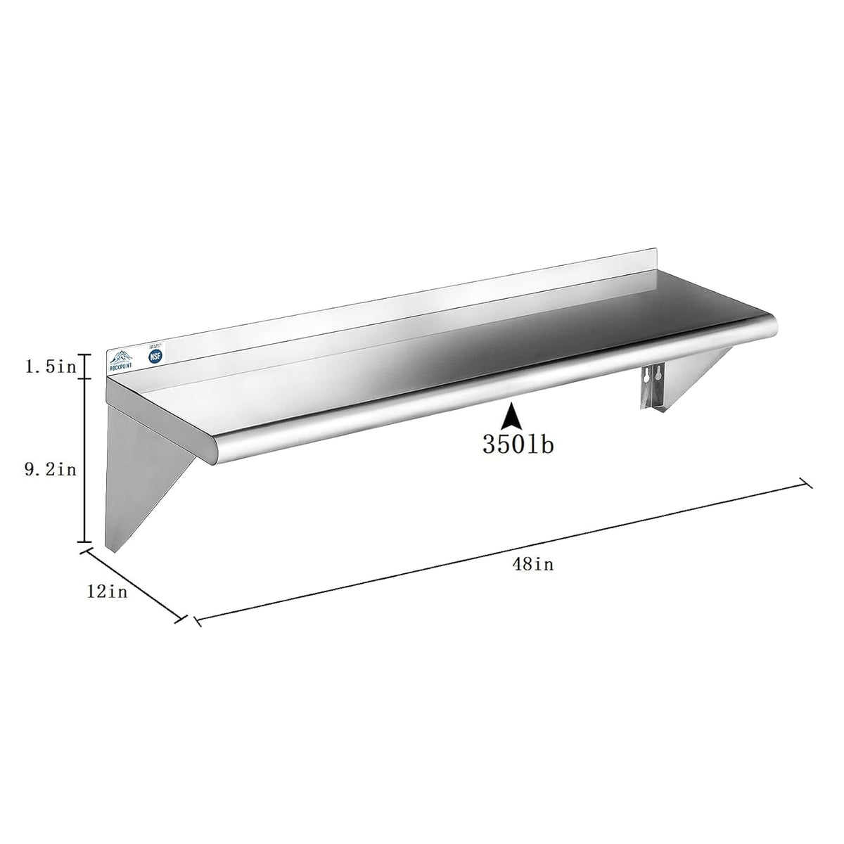 ROCKPOINT Estante de acero inoxidable de 12 x 48 pulgadas, 350 libras, paquete de 2 estantes flotantes de montaje en pared comercial NSF con protector contra salpicaduras para restaurante, cocina