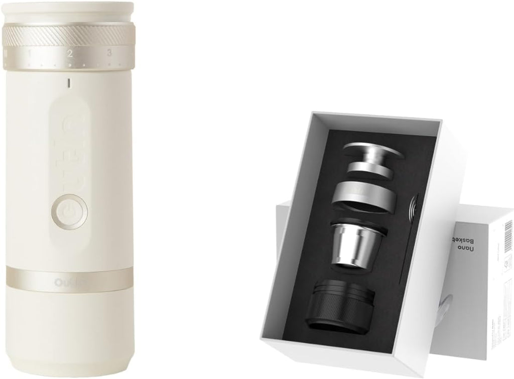 OutIn Fino - Molinillo de café eléctrico portátil con kit de accesorios Nano Espresso, color blanco arenisca