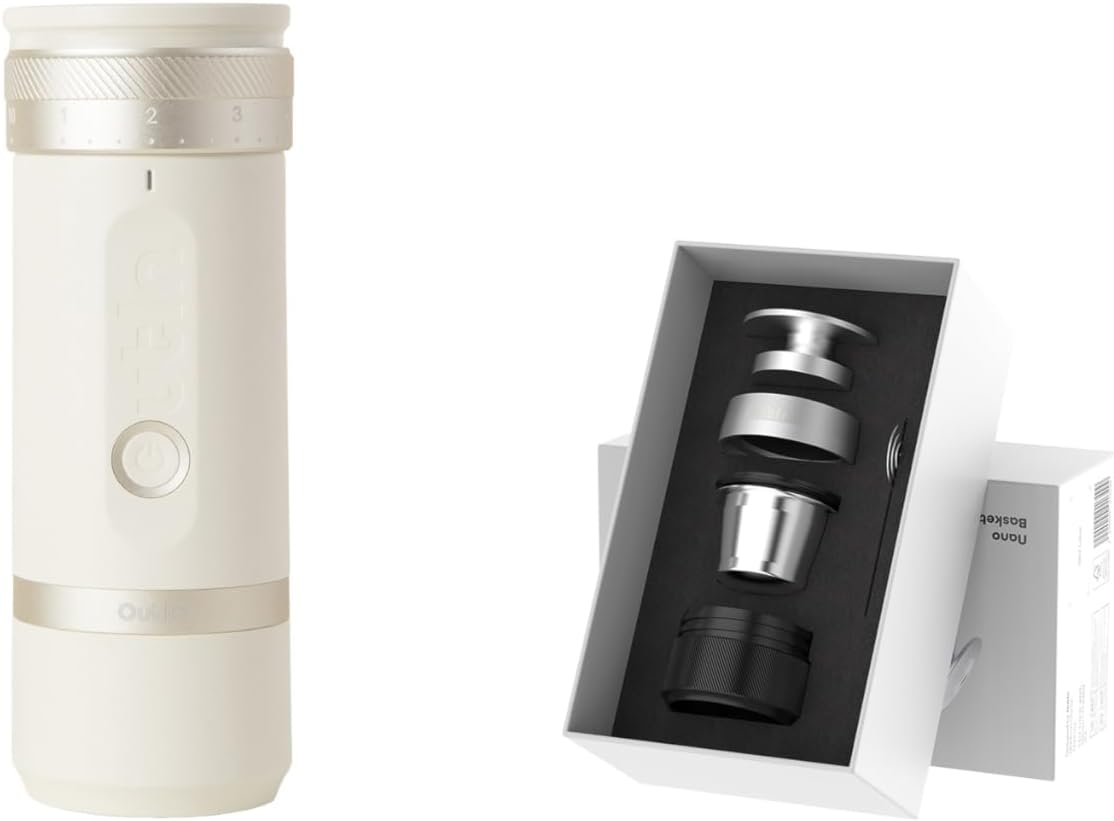OutIn Fino - Molinillo de café eléctrico portátil con kit de accesorios Nano Espresso, color blanco arenisca
