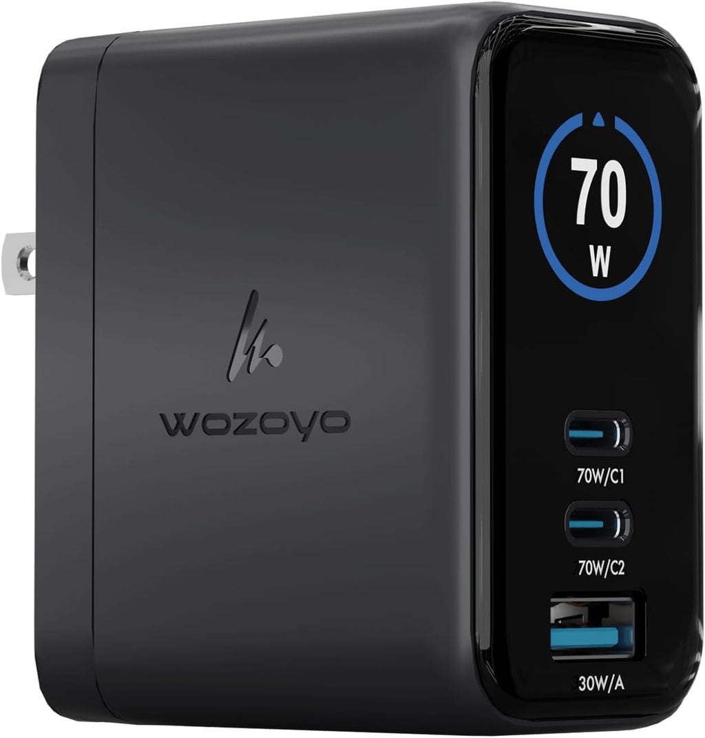 Cargador inteligente LED Wozoyo GaN de 70 W, carga 2XType-C y USB-A Superfast 2.0, compatible con iPhone 17/16/16 Pro Max/15 Series/iPad Pro, teléfonos inteligentes, tabletas y más, PD/PPS/QC 3.0
