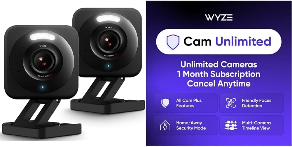 WYZE v4 Negro Pack de 2 Cam Ilimitado Mensual, Cubre Cámaras Ilimit...