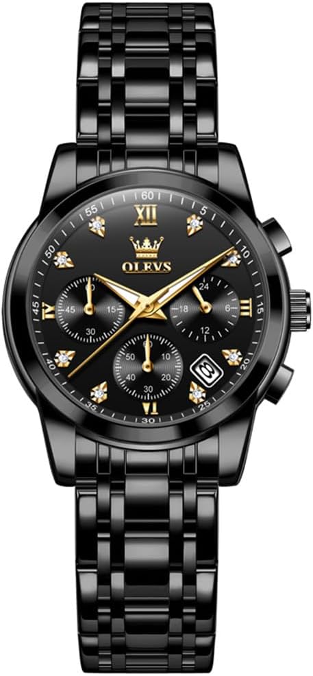 OLEVS Relojes para mujeres de negocios, con diamante, pulsera de acero inoxidable, fecha, impermeable, tono bicolor para mujer