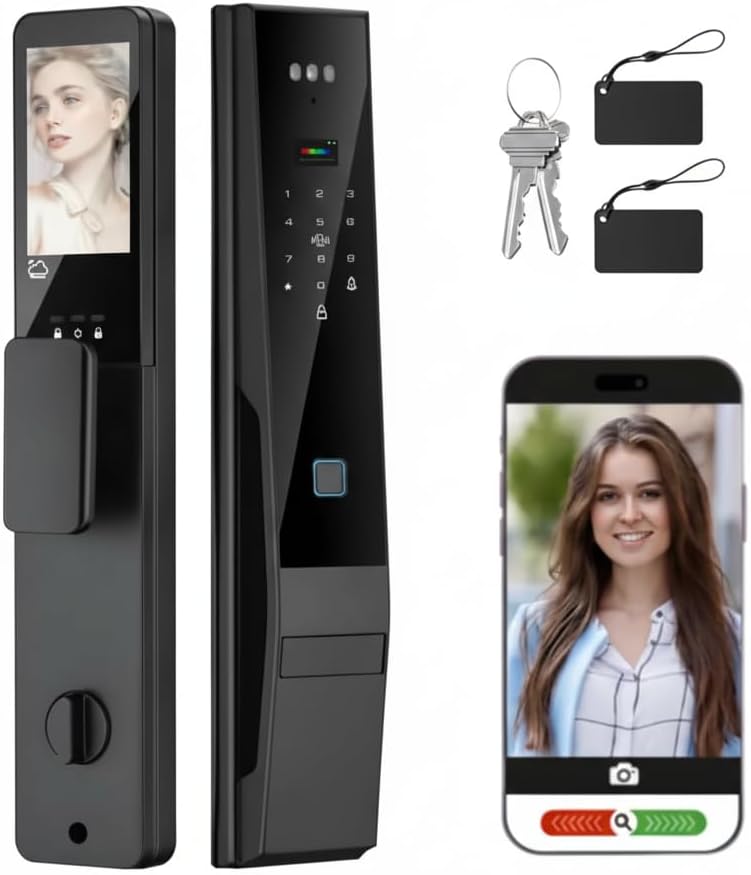 Cerradura de puerta inteligente con videoportero: reconocimiento facial 3D y entrada de huellas dactilares, cerrojo digital Palm Scan con control de aplicaciones, entrada sin llave para hogares