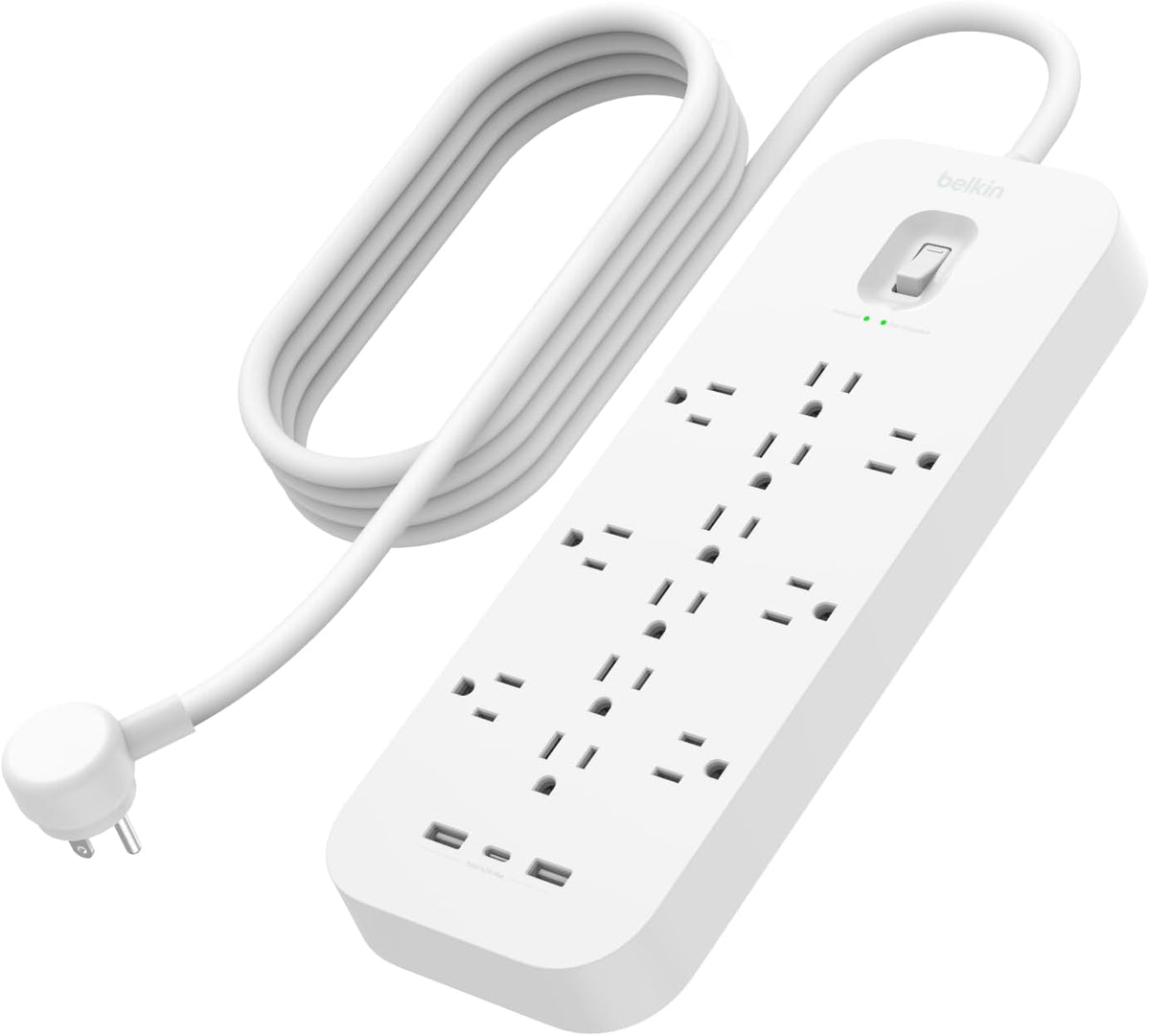 Belkin Regleta de protección contra sobretensiones de 12 salidas con 12 salidas de CA, 2 puertos USB-A y 1 puerto USB-C, cable de 6 pies, certificado UL con protección contra sobrecarga y sobretensión