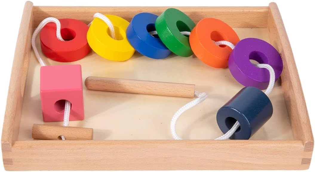 Adena Montessori - Juego de cuentas de madera con bandeja, 1-3 años