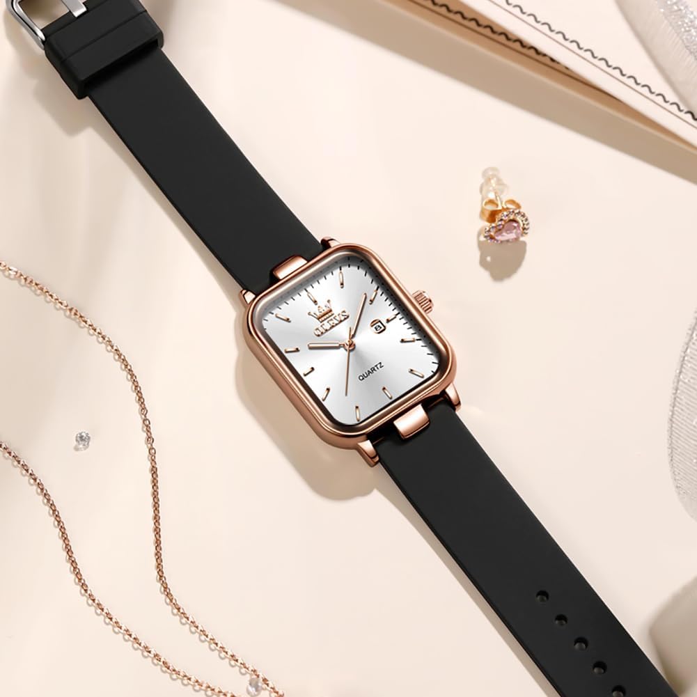 OLEVS Reloj para Mujer Casual Fashion Cuadrante Cuadrado Correa de Silicona Negra Elegante Delicado Cuarzo a Prueba de Agua Lectura Fácil