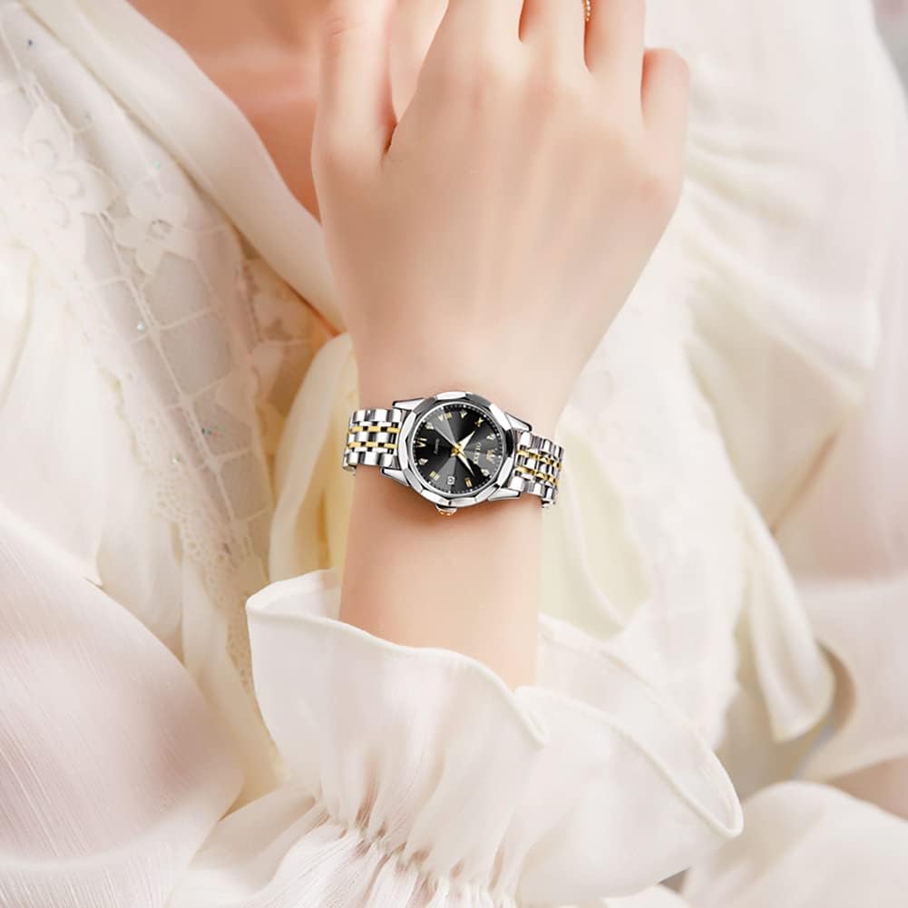 OLEVS Reloj Analógico de Cuarzo para Mujer, Acero Inoxidable Plateado de Dos Tonos, Moda, Resistente al Agua, Luminoso, con Fecha y Día, Relojes de Pulsera para Damas