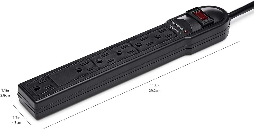 Lámpara Amazon Basics Regleta protectora de sobretensiones, 6 tomas, 790 julios, interruptor de circuito, indicador LED, cable de extensión de 6 pies, negro, paquete de 10