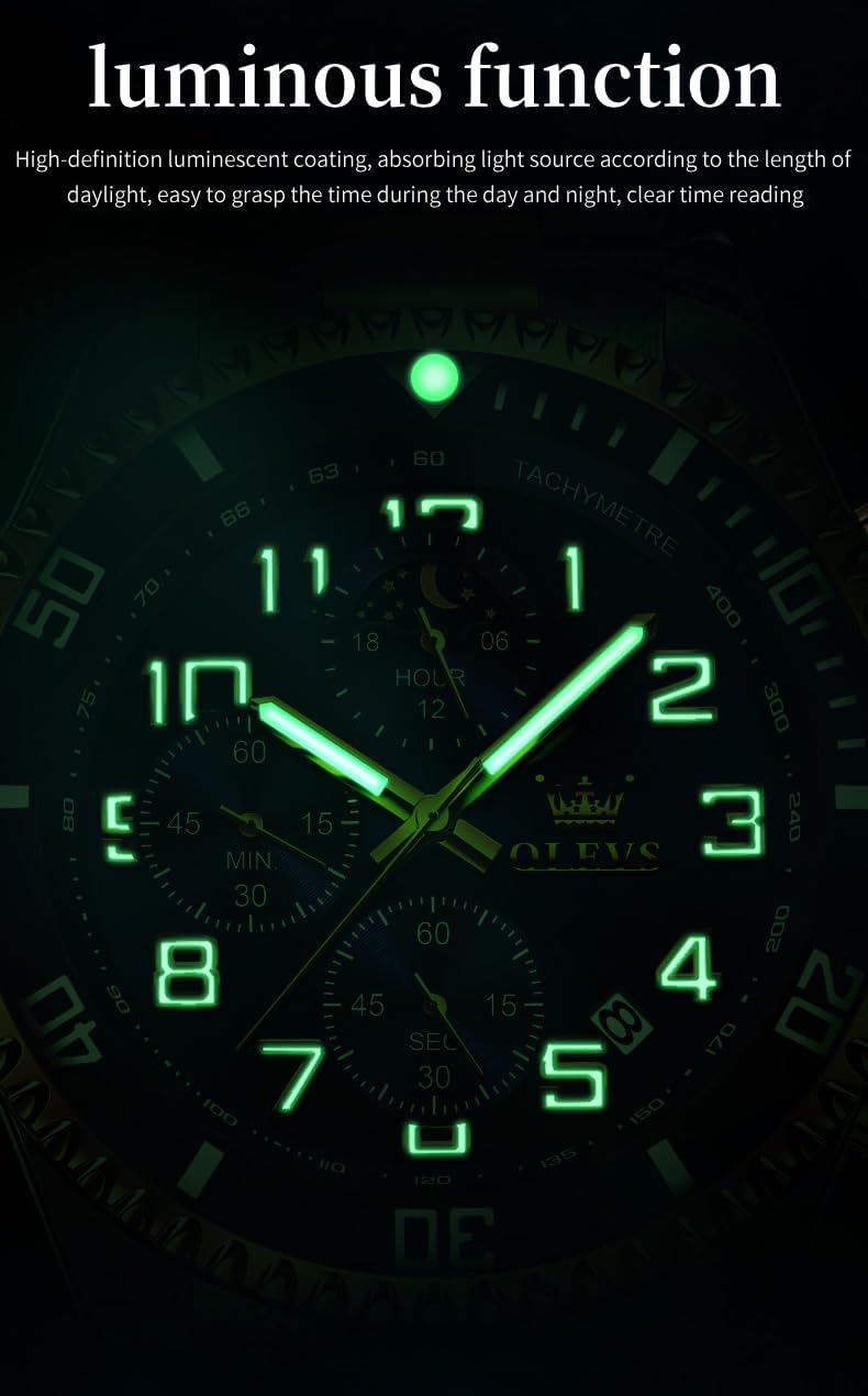 OLEVS Reloj de caballero Cronógrafo de lujo con fases de la luna, dos tonos, acero inoxidable, a prueba de agua, luminiscente, calendario empresarial, reloj de pulsera