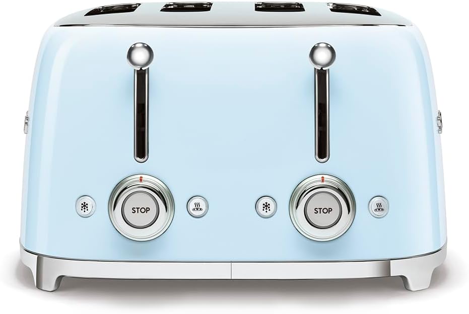 SMEG Tostadora TSF03 de 4 rebanadas, tostadora retro de acero inoxidable con ranuras anchas para bagels, 6 niveles de tostado, funciones de bagel de recalentamiento de descongelación, controles duales