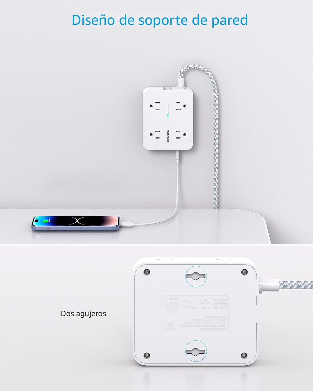 HANYCONY - Regleta protectora de sobretensiones de 10 pies, cable de extensión con 8 salidas de CA, 4 puertos USB (2 USB C), enchufe plano, estación de carga USB para escritorio de montaje en pared