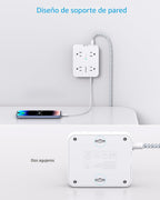 HANYCONY - Regleta protectora de sobretensiones de 10 pies, cable de extensión con 8 salidas de CA, 4 puertos USB (2 USB C), enchufe plano, estación de carga USB para escritorio de montaje en pared