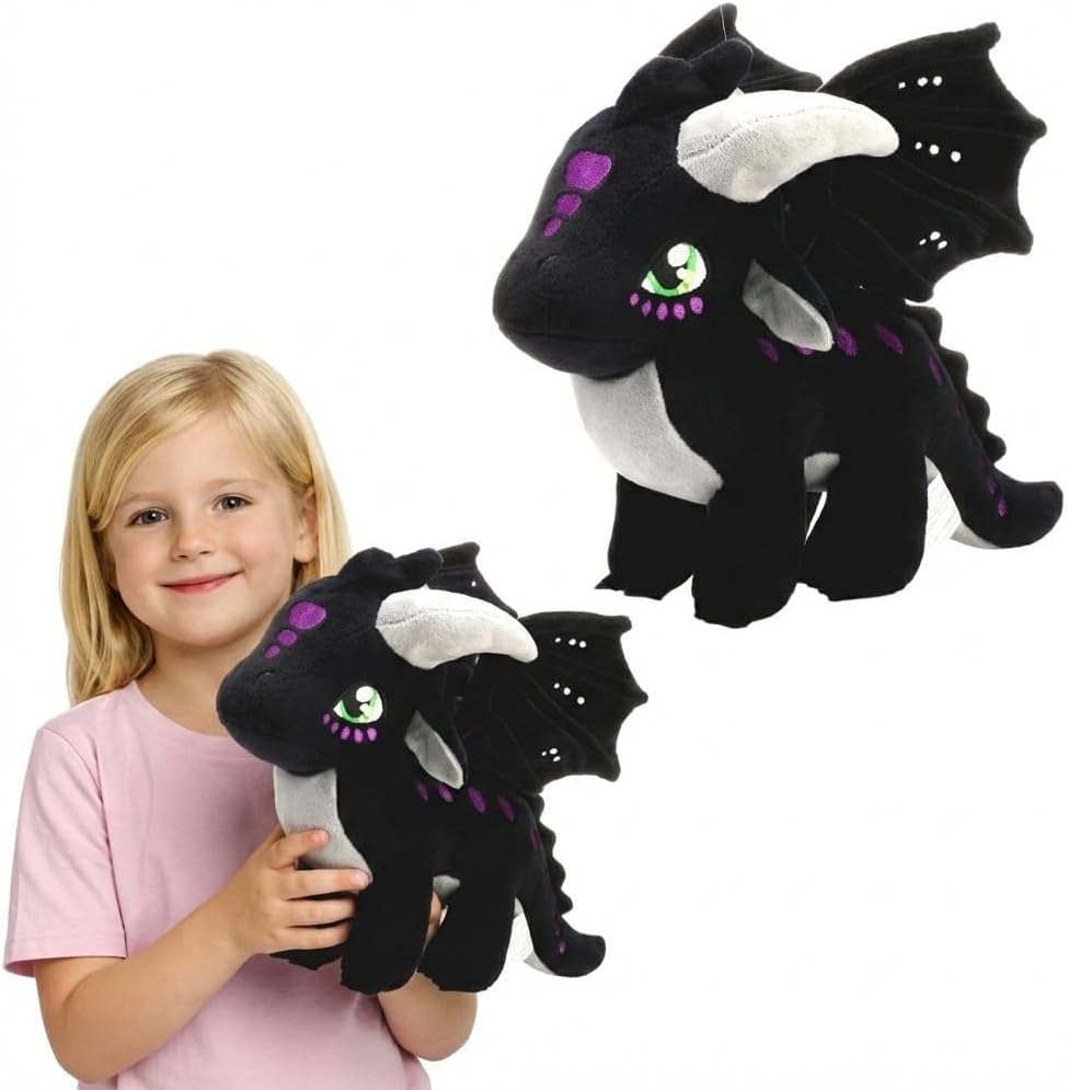 Peluche de dragón alado, animal de peluche de fantasía suave, negro