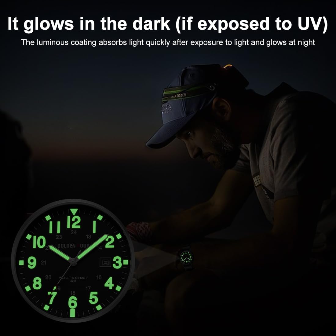 GOLDEN HOUR Reloj de hombre con correa de nailon antideslizante con esfera de hora militar de fácil lectura y manecillas luminosas