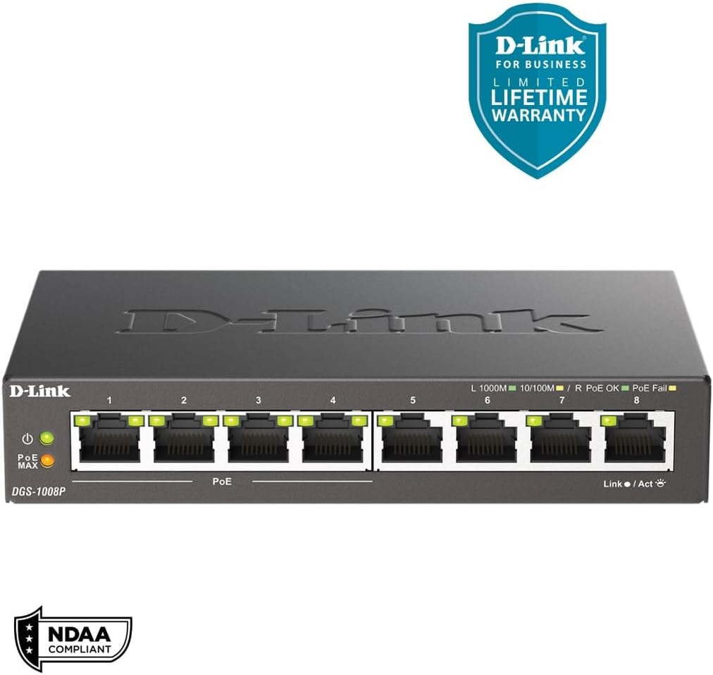 D-Link Conmutador Ethernet PoE+ no administrado Gigabit de 8 puertos, con 4 puertos PoE de hasta 60 W de presupuesto PoE, QoS, sin ventilador, metal resistente con puertos blindados, escritorio compacto, sigue a NDAA/TAA (DGS-1008P)