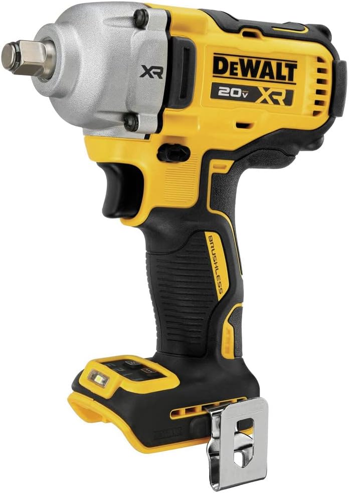 DEWALT Llave de impacto inalámbrica máxima de 20 V, anillo de cerdo de 1/2 pies, incluye luz de trabajo LED y clip para cinturón, solo herramienta desnuda (DCF891B)
