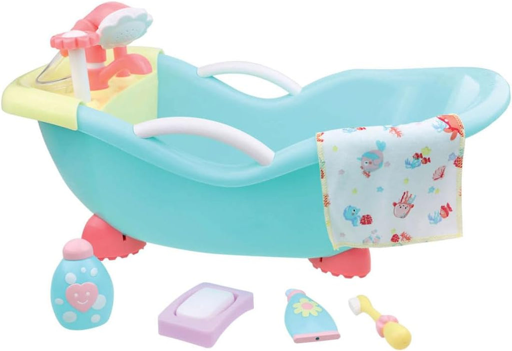 JC Toys - Cuna mecedora y accesorios para muñeca, perfectos para pequeños, Juego de baño azul/rosa