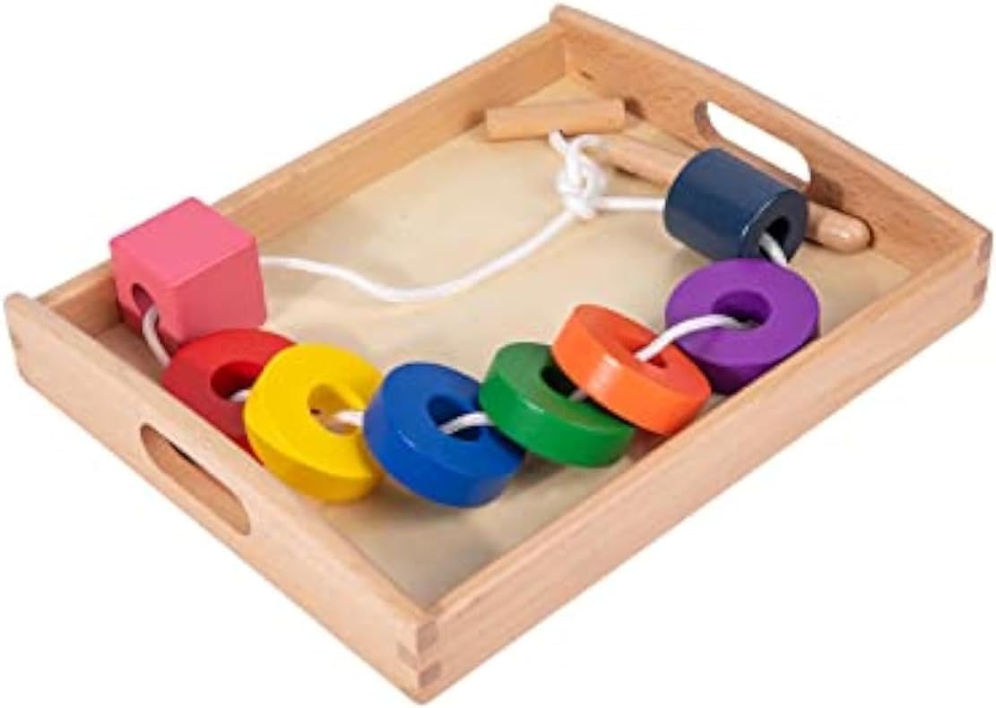 Adena Montessori - Juego de cuentas de madera con bandeja, 1-3 años