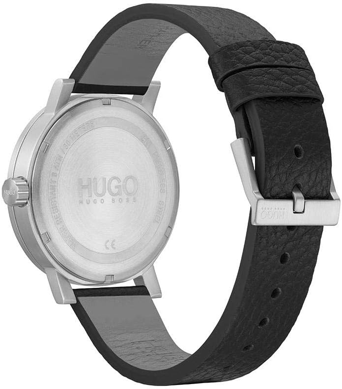 HUGO #RASE Reloj de cuarzo para hombre – Esfera negra con caja de acero inoxidable y correa de cuero – Reloj casual y moderno