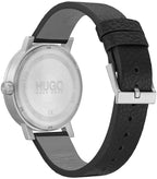 HUGO #RASE Reloj de cuarzo para hombre – Esfera negra con caja de acero inoxidable y correa de cuero – Reloj casual y moderno