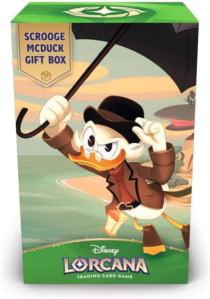 Ravensburger Disney Lorcana TCG: Scrooge McDuck - Tarjeta promocional de papel de aluminio brillante, 5 paquetes de refuerzo surtidos, caja de almacenamiento y divisores, juego de cartas coleccionables de Disney, a partir de 8 años