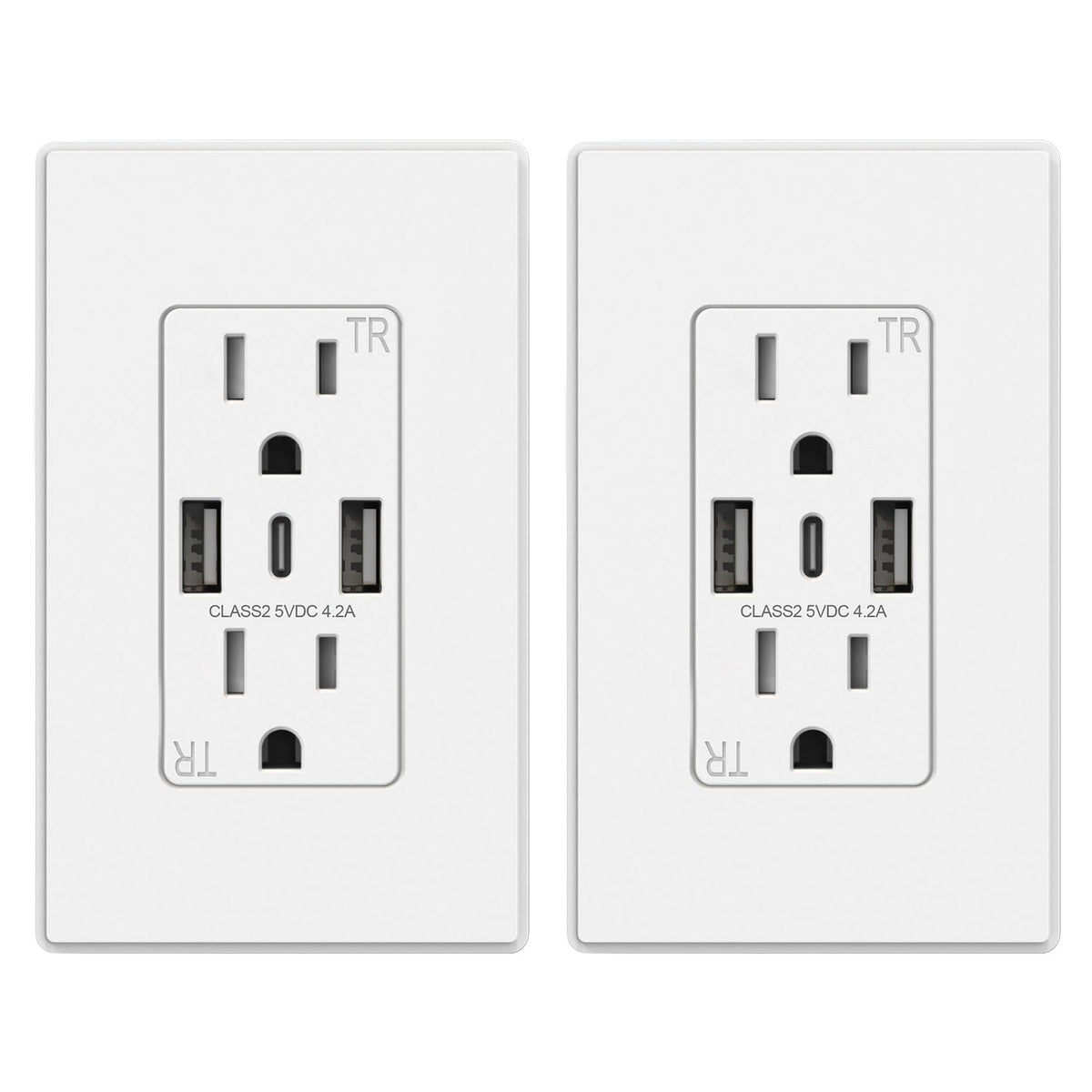 ELEGRP Tomacorrientes de pared USB C con 3 puertos, enchufes de 15 A con puertos USB, tomacorriente USB resistente al sabotaje, placa de pared incluida, blanco mate, certificación UL, paquete de 2