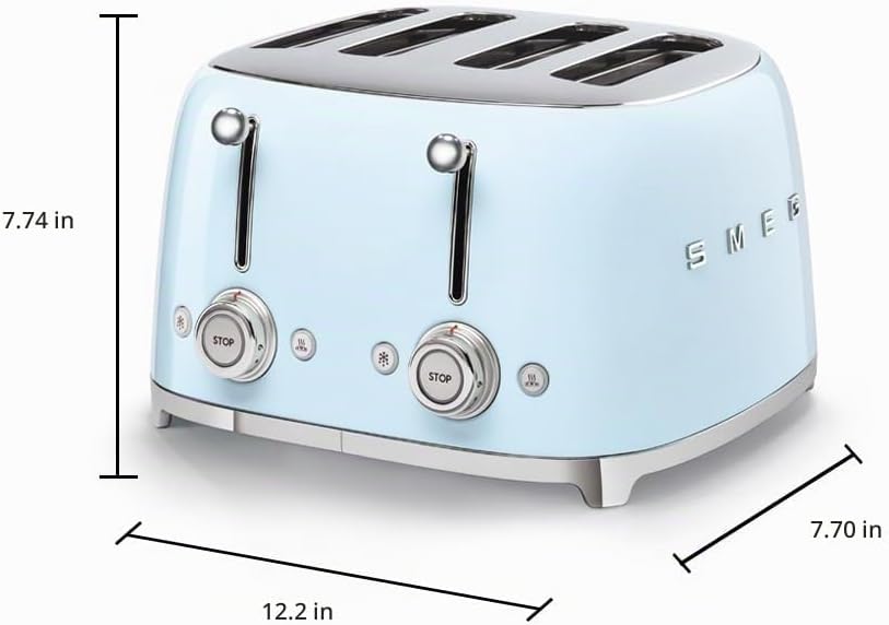 SMEG Tostadora TSF03 de 4 rebanadas, tostadora retro de acero inoxidable con ranuras anchas para bagels, 6 niveles de tostado, funciones de bagel de recalentamiento de descongelación, controles duales