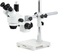 AmScope SM-3T microscopio estéreo trinocular profesional con zoom estereoscópico SM-3T con control simultáneo de enfoque, oculares WH10x, aumento 7X-45X, objetivo zoom 0.7X-4.5X, iluminación ambiental, soporte de pluma de doble brazo.