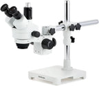 AmScope SM-3T microscopio estéreo trinocular profesional con zoom estereoscópico SM-3T con control simultáneo de enfoque, oculares WH10x, aumento 7X-45X, objetivo zoom 0.7X-4.5X, iluminación ambiental, soporte de pluma de doble brazo.