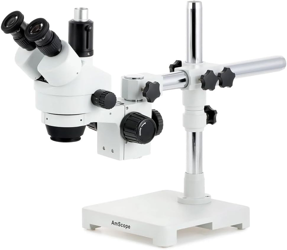 AmScope SM-3T microscopio estéreo trinocular profesional con zoom estereoscópico SM-3T con control simultáneo de enfoque, oculares WH10x, aumento 7X-45X, objetivo zoom 0.7X-4.5X, iluminación ambiental, soporte de pluma de doble brazo.