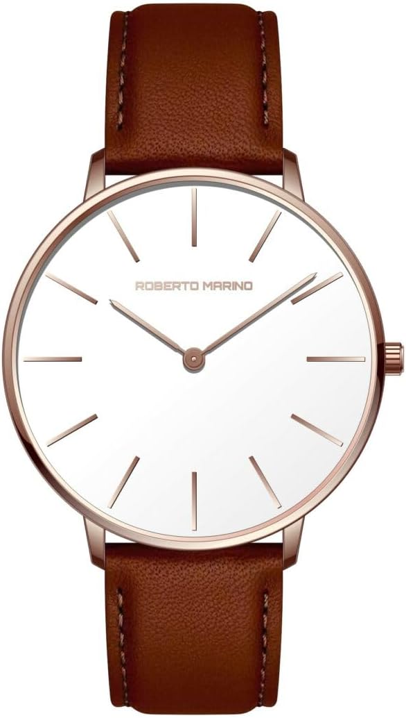 Roberto Marino RM1423 Reloj de lujo para hombre – Cuarzo japonés, correa de cuero, esfera blanca, 3 ATM resistente al agua