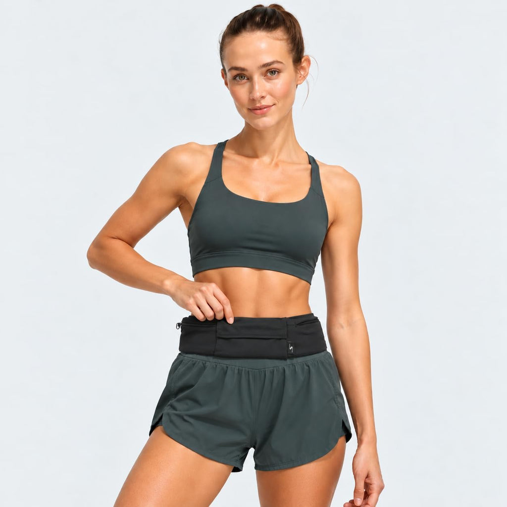 Riñonera ajustable de 3 bolsillos para correr, riñonera para entrenar con respaldo resistente al sudor, soporta todos los modelos de iPhone, Negro/Negro, Cinturón para correr de 3 bolsillos versión 1