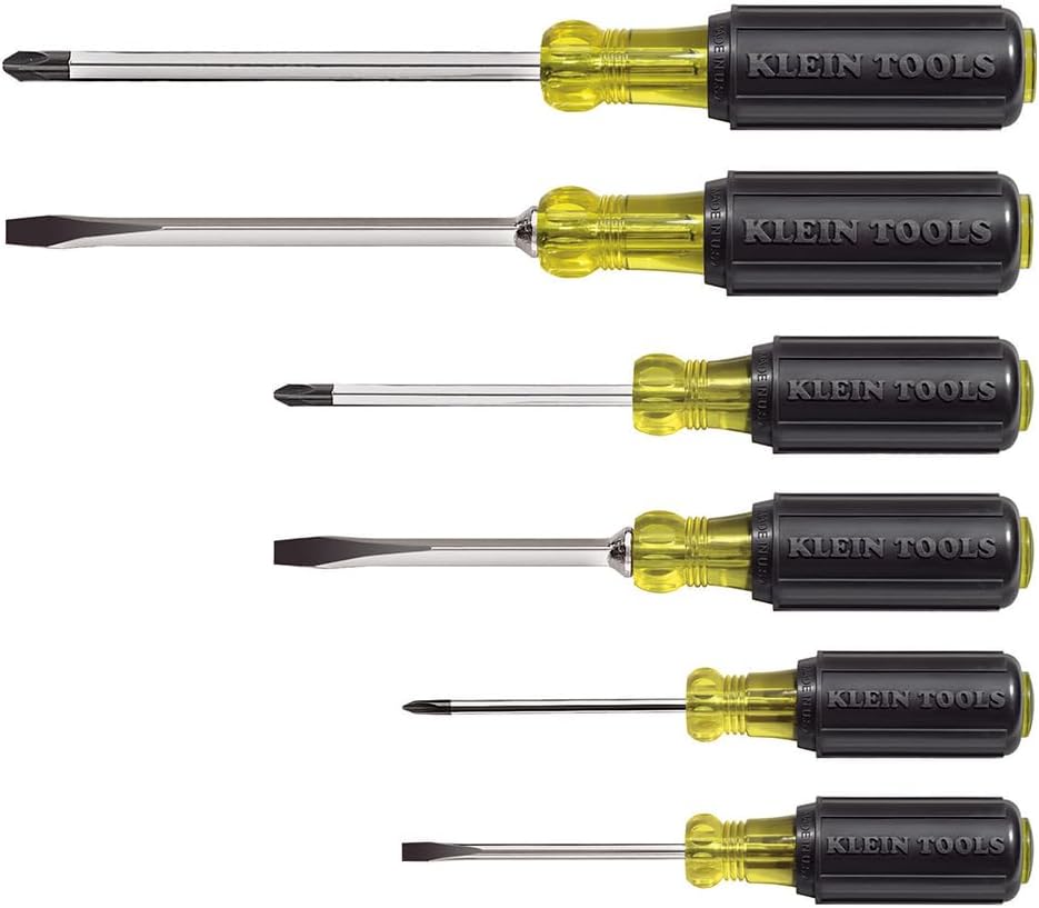Klein Tools 85074 Juego de destornilladores de 6 piezas, fabricado en Estados Unidos, incluye 3 cabezales planos multiusos, 3 Phillips, comodidad de agarre acolchado