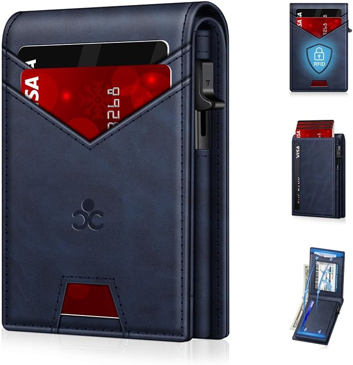 Billetera para hombre con bloqueo RFID minimalista para 12-14 tarjetas | Cartera inteligente delgada y plegable con ventana para identificación y ranura para efectivo, bolsillo frontal, estuche