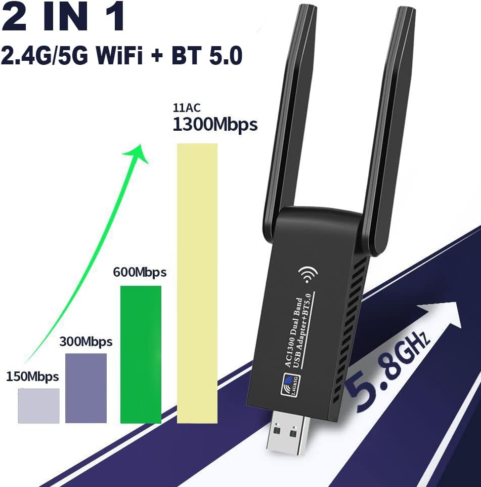 AC1300 Tarjeta de red inalámbrica WiFi de doble banda + adaptador BT 5.0 USB 3.0 1300M 802.11ac adaptador Bluetooth 5.0 con antena para computadora portátil 2.4 GHz + mini dongle de 5.8 GHz