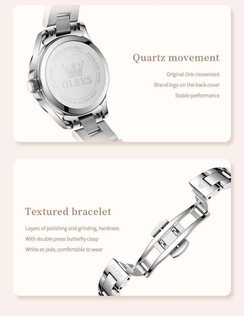 OLEVS Reloj para Mujer Plateado de Acero Inoxidable Elegante Analógico Lúmenes Visibles