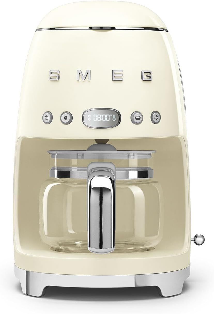 Smeg - Cafetera de goteo estética estilo retro de los años 50 con jarra de vidrio de 10 tazas, función de arranque automático, placa de mantenimiento en calor y dos configuraciones de intensidad de