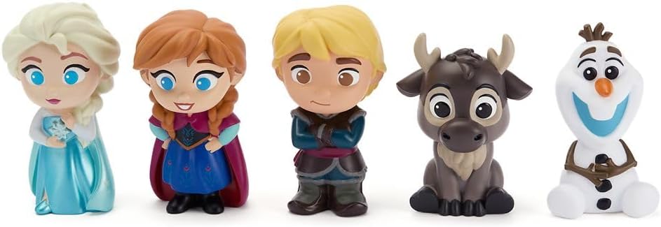 Disney Store Juego oficial de juguetes de baño de Frozen – Incluye 5 juguetes detallados con un cubo de almacenamiento colador – Diversión para el baño y juego acuático para niños