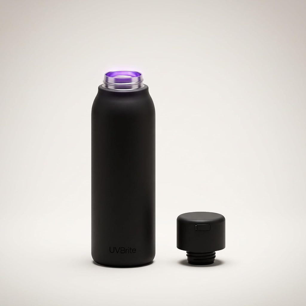 UVBRITE Botella UV autolimpiante y purificadora de agua TT-B02-Vaso de acero inoxidable recargable aislado de 18.6 onzas con bloqueo de seguridad que evita la exposición accidental, ideal para uso al