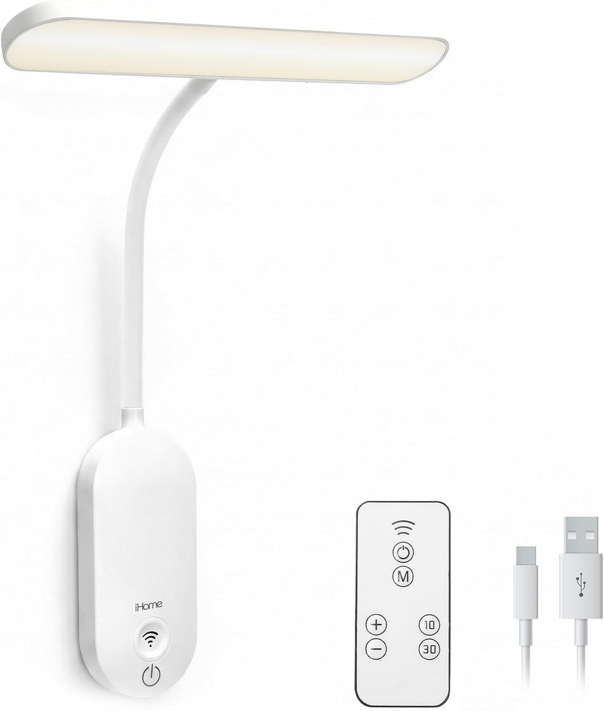 Lámpara iHome Lámpara de pared recargable con cuello de cisne ajustable, controles táctiles, tonos de color regulables, cálidos y fríos