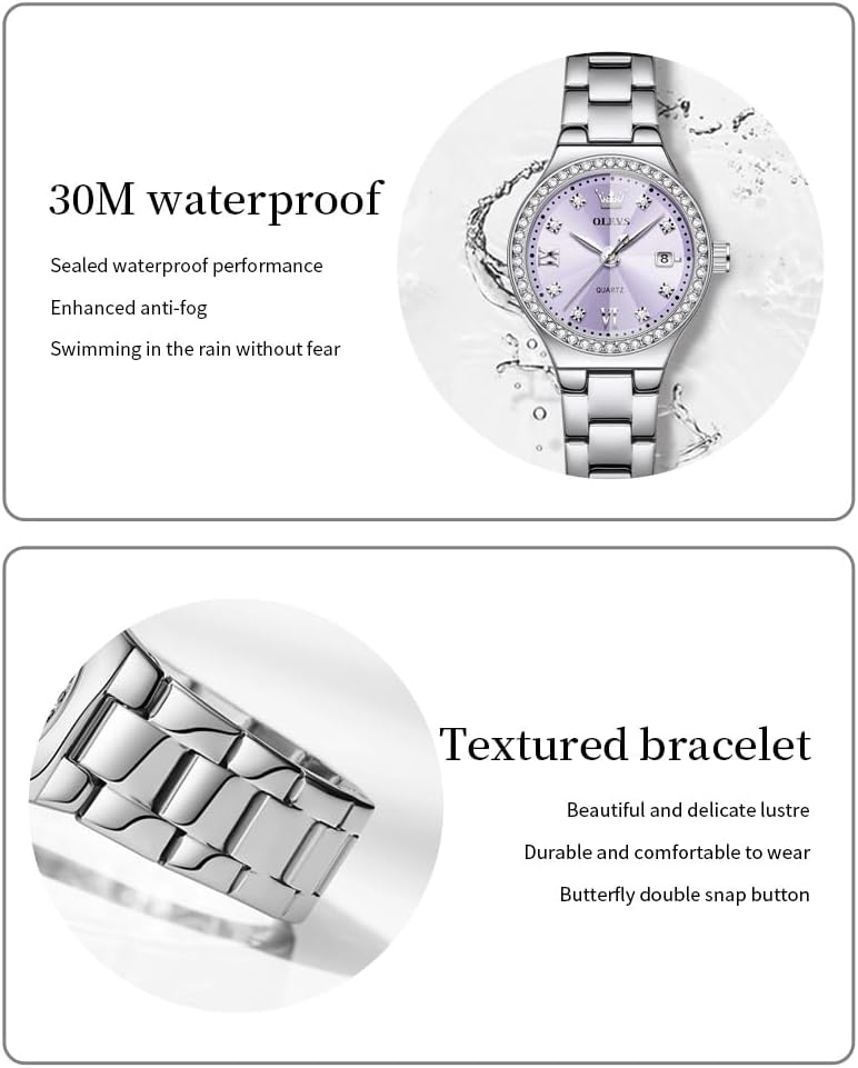 OLEVS Reloj para Mujer Plateado de Acero Inoxidable Elegante Analógico Lúmenes Visibles
